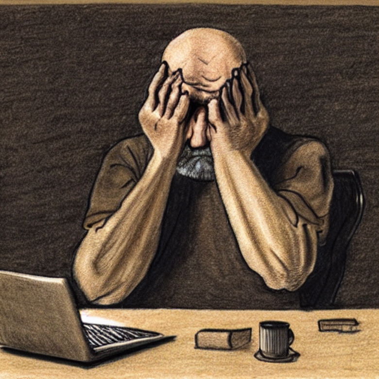 Ein alter Mann mit Burnout sitzt vor seinem Laptop und weiß nicht weiter