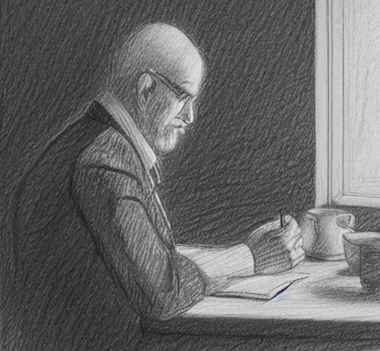 Ein älterer Herr mit Brille und Glatze sitzt an einem Tisch und schreibt seine Gedanken in ein Notizbuch